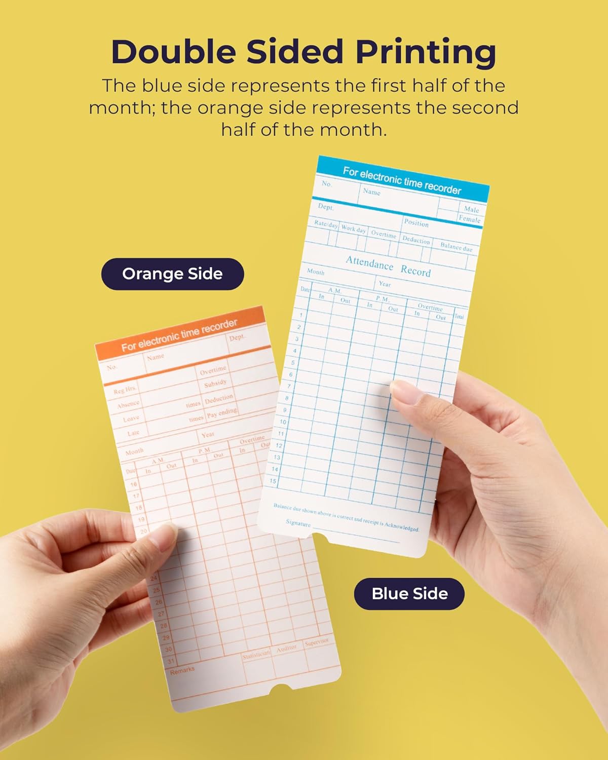 Volcora Time Cards - 100 Pack Two-Sided Timecards for Employees | 7.4 x 3.4 Inches, Overtime Tracking