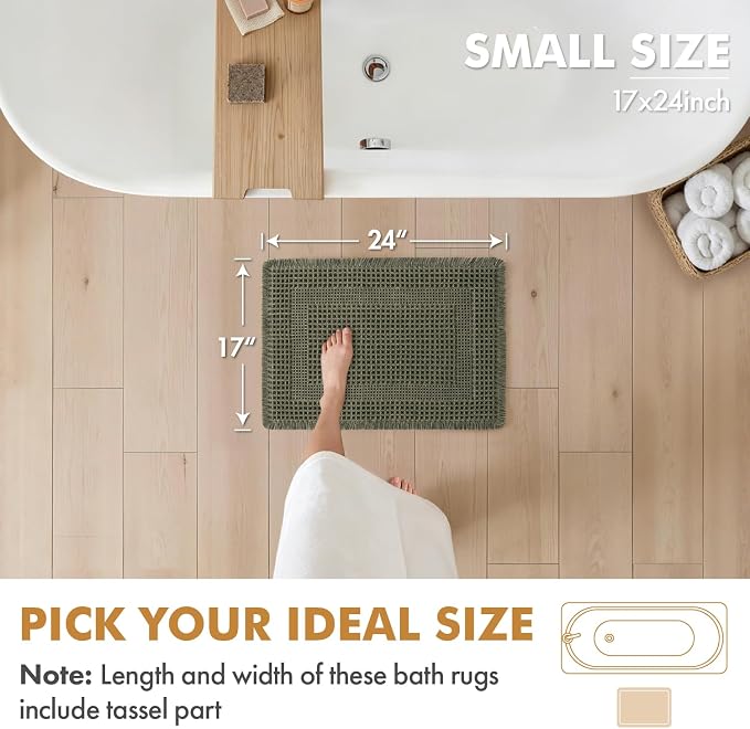 MIULEE Set of 2 Waffle Bathroom Rugs, Boho Bath Rug Super Absorbent, Non Slip Washable Ultra Soft Rubber Backed Shower Bath Mats for Floor, Tub, Shower, Looped Design, Green, 17x24 Inch