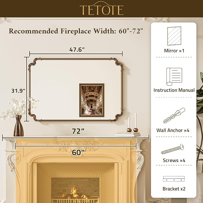 TETOTE Vintage Antique Gold Rectangle Mirror for Mantle Fireplace 48 x 32 Traditional Baroque Ornate Scroll Wall Mirror with Metal Frame for Living Room Bedroom, Horizontal/Vertical
