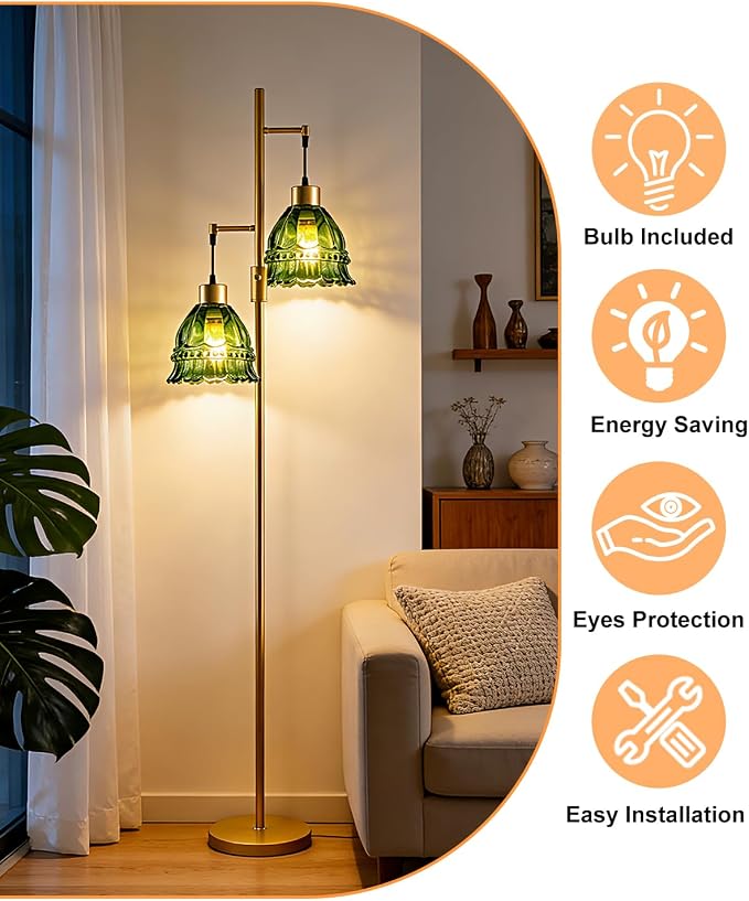 Lightdot 65IN Glass Floor Lamp for Living Room, 2- Light Gold Flower Floor Lamps with Green Glass Lampshade, 3000K Warm White Modern Standing Tall Lamp with 5Lbs Heavy Base for Bedroom Corner