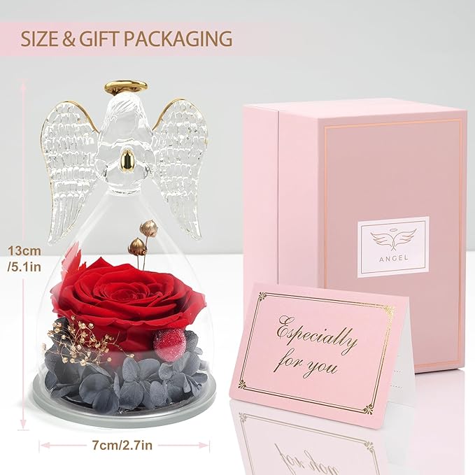 Yamonic Mom Birthday Gifts for Women, Preserved Roses Forever Flower in Glass Angel Figurines Gifts for Moms Grandma, Real Fresh Flowers Christmas Mothers Day Anniversary Valentines Gifts for Her(Red)
