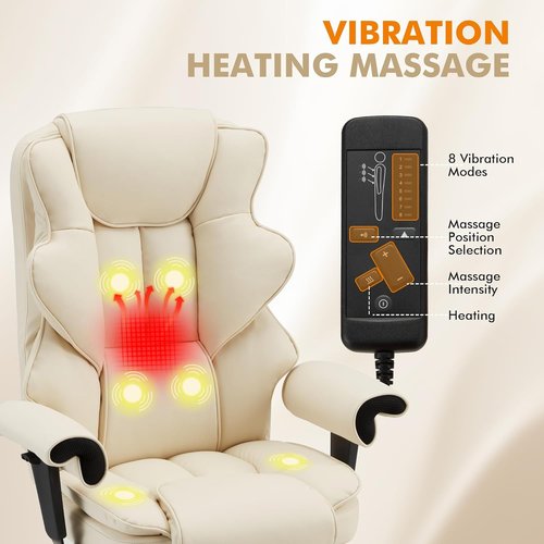 HOMREST Executive Massage Chair - Ergonomic Heat & Reclining Office Chair with Footrest | Off White