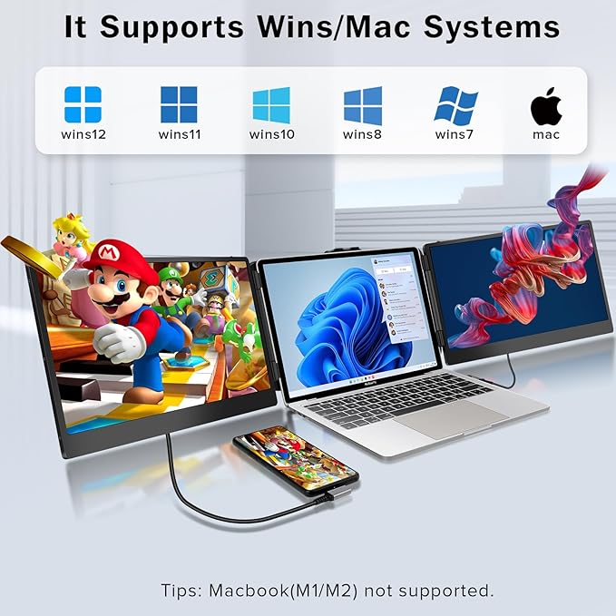 CopGain Laptop Screen Extender - 14 Inch 1080p FHD IPS Triple Portable Monitor for 13-17.3 Inch Laptops - Plug and Play Type-C/HDMI for Windows, Mac
