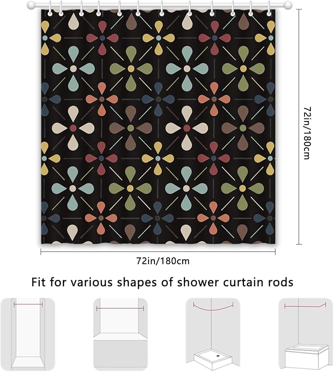 APROPHIC Mid Century Retro Shower Curtain 72x72 Inches, Vintage Geometric Pattern Bathroom Curtain with Hooks, Waterproof Polyester Fabric for Bath Shower, Machine Washable Home Decor for Bath, Black