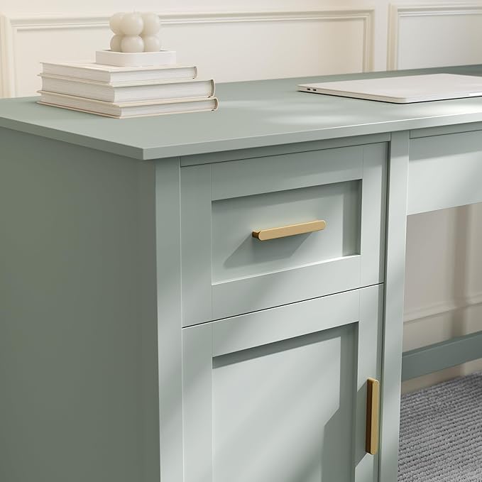 Martha Stewart Hutton Shaker Style Home Office Desk with Storage in Sage with Polished Brass Hardware