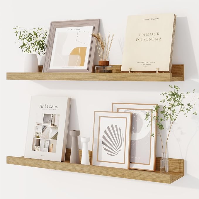 Dreamland Picture Ledge Shelf for Wall, Floating Shelves Set of 2, 24 Inch Long Floating Shelves with Lip for Living Room, Bedroom, Bathroom, Kitchen, Oak