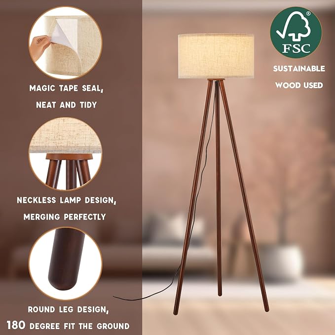 BTP Wood Tripod Floor Lamp for Living Room, 3 Color Temparature Bulb Included, Mid Century Modern Wooden Floor lamp with Linen Shade for Bedroom, Office, ETL Listed Walnut Wood Color