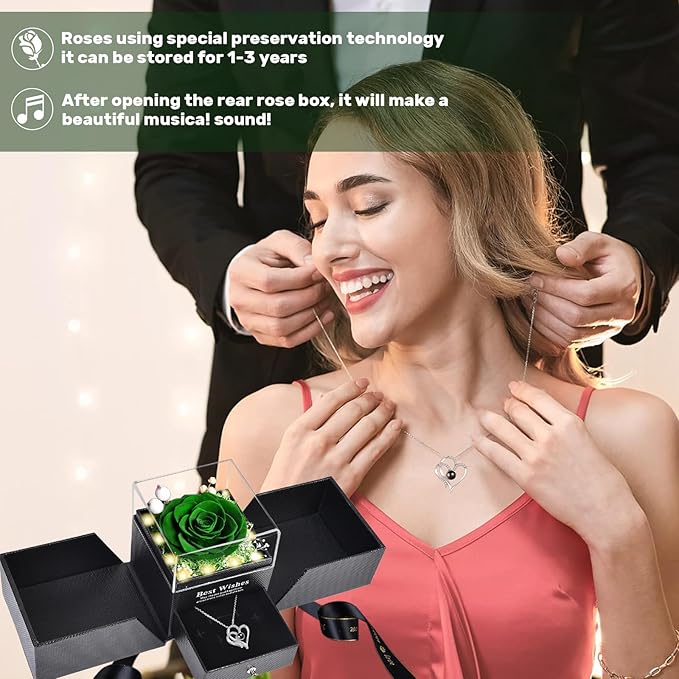 Christmas Birthday Gifts for Women - Preserved Real Rose with I Love You Heart 100-Language Necklace, LED Lights & Music Gift Box, Christmas for Women Girlfriend Mom