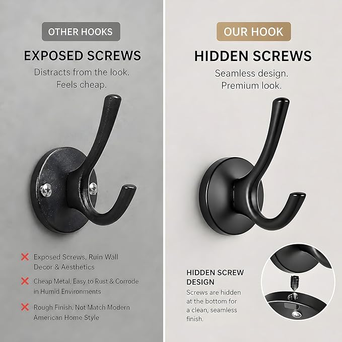 Towel Hooks-Coat Robe Hooks-Heavy Duty Metal Double Bathrobe Hook-Black Towel Hooks for Bathrooms-Kitchen Closet Garage（4Pcs Black）