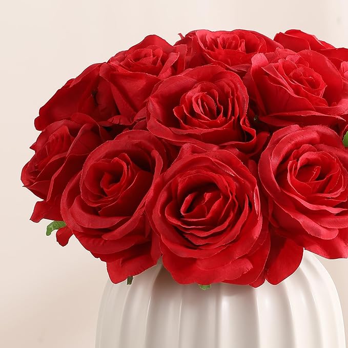 Veryhome Artificial Flowers Silk Roses Fake Bridal Wedding Bouquet for Home Garden Party Floral Decor 10 Pcs (Red Curved stem)