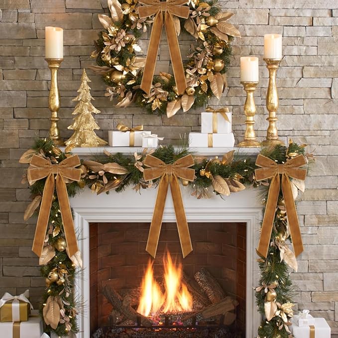 JOICEE 15Pcs Christmas Velvet Bows Ornament, 5 x 12 Inch Wreath Crafts Bows Christmas Tree Ribbon Bows for Xmas Holiday Home Party Garland Indoor Outdoor Decorations(Khaki)