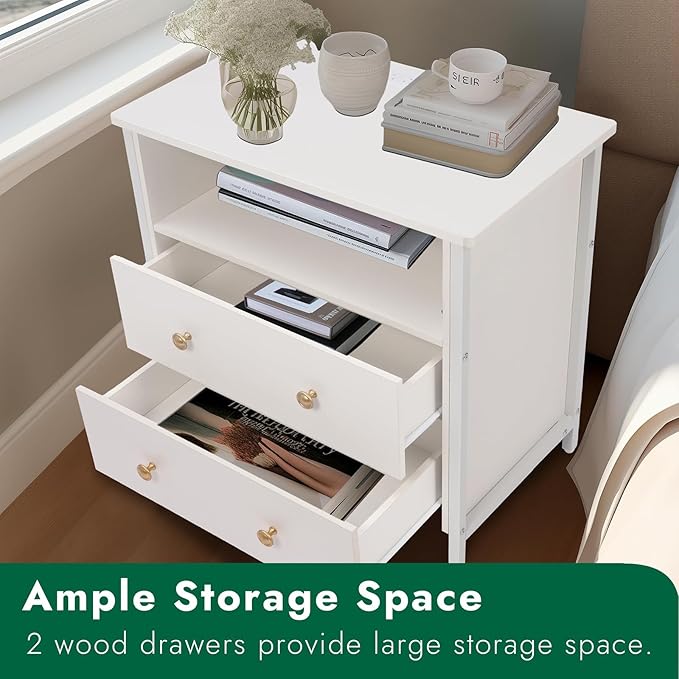 27 Inch Wide Night Stand, Large Wood Night Stand with 2 Drawers, LED Nightstand with Charging Station and Adjustable Drawer, Bedside Table for Living Room/Bedroom/Study/Office, White.