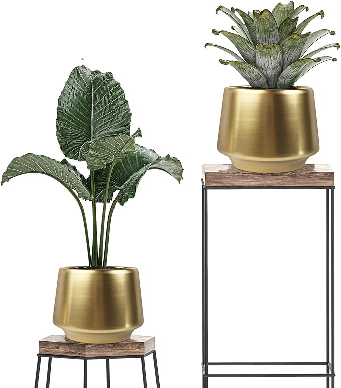 Gold Indoor Plant Pot 7 Inch Large Ceramic Planter With Drainage Hole - Modern Brass Flower Pot Centerpiece Vase - Decorative Greenery Potted for Indoor Plants