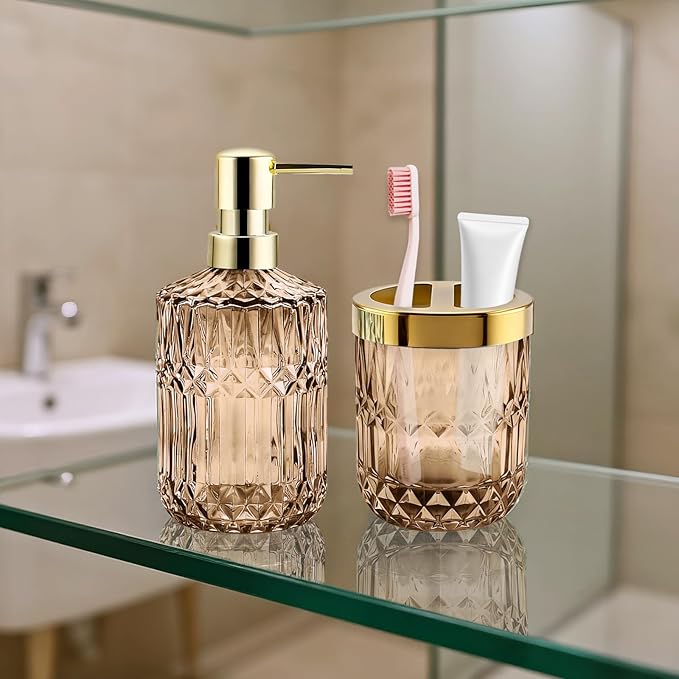 2Pcs Brown Bathroom Accessories Set, Glass Bathroom Accessories, Vintage Bathroom Countertop Decoration Includes Soap Dispenser, Toothbrush Holder