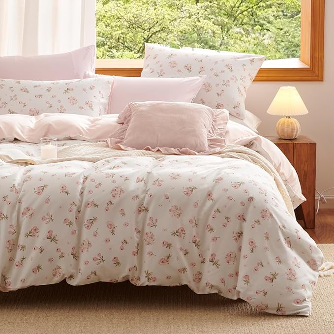 Nayoroom Pink Floral Duvet Cover Queen Size Reversible Spring Cottagecore Bedding Set Girls 3 Pcs Soft Microfiber Coquette Comforter Cover Gift for Women