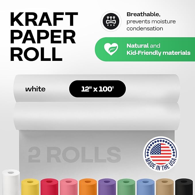 12" x 1200" (100 ft) White Kraft Paper Roll, Pack of 2 - USA-Made Quality Craft Paper for Gift Wrapping, Kids' Arts & Crafts, School Projects - 100% Recycled, 50 lb Natural Material by IDL Packaging
