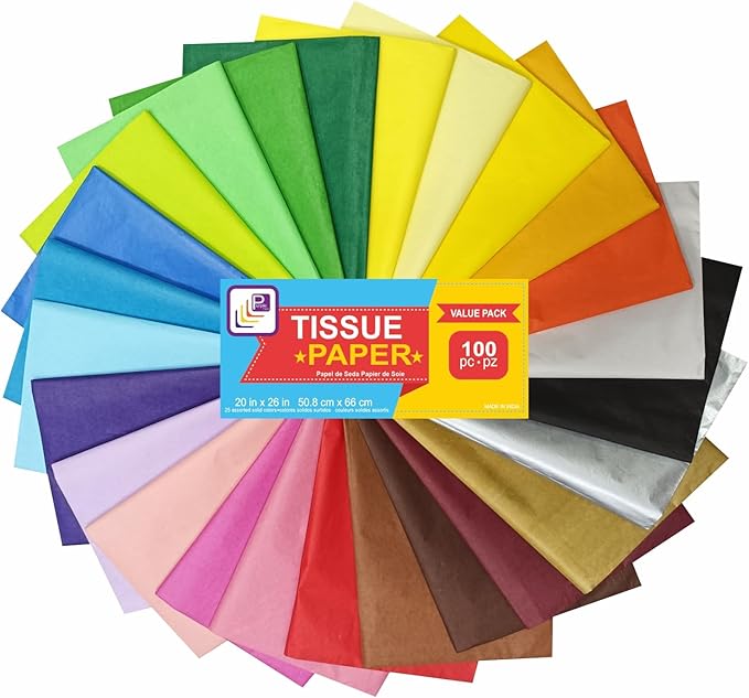 Tissue Paper for Gift Bags - Tissue Paper Bulk | 25 Colors 100 Sheets Colored 20x26 | Crafts, Wrapping, Packaging, Birthday, Holiday