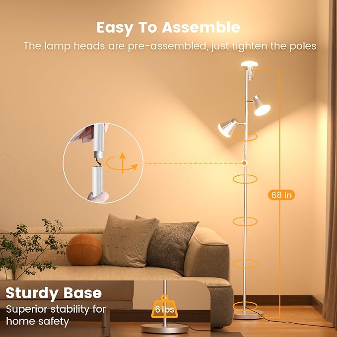 SIBRILLE 36W LED Tree Floor Lamp, Dimmable Tall Standing Lamp with Remote & Touch Control, 4 Color Temperatures Bright Floor Lamp, 3 Rotatable Light Modern Floor Lamps for Living Room Bedroom Office