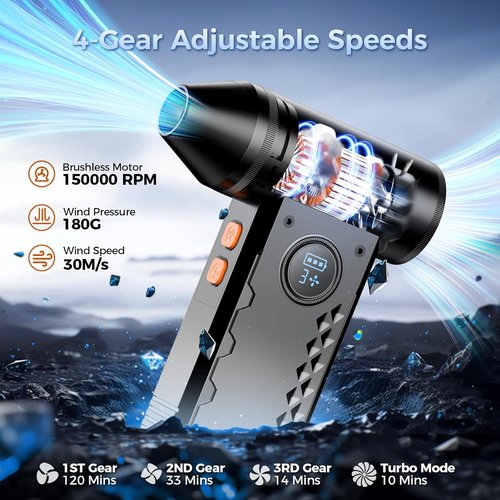 Compressed Air Duster - 150,000 RPM Electric Air Blower with LED Display & 4 Adjustable Gears | Cordless & Rechargeable for Electronics, Home & Car