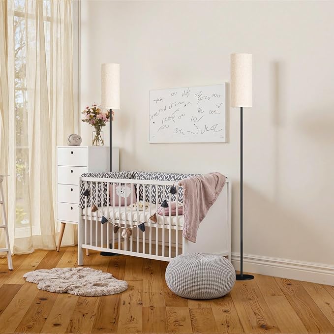 Set of 2 Slim Floor Lamps for Living Room with 2 Magnetic Remotes and Foot Switch, Dimmable Standing Lamp Mood for Bedroom Nursery, 3 Color Temperatures, 1-Hour Timer, 900LM Bulb Included, Beige Shade