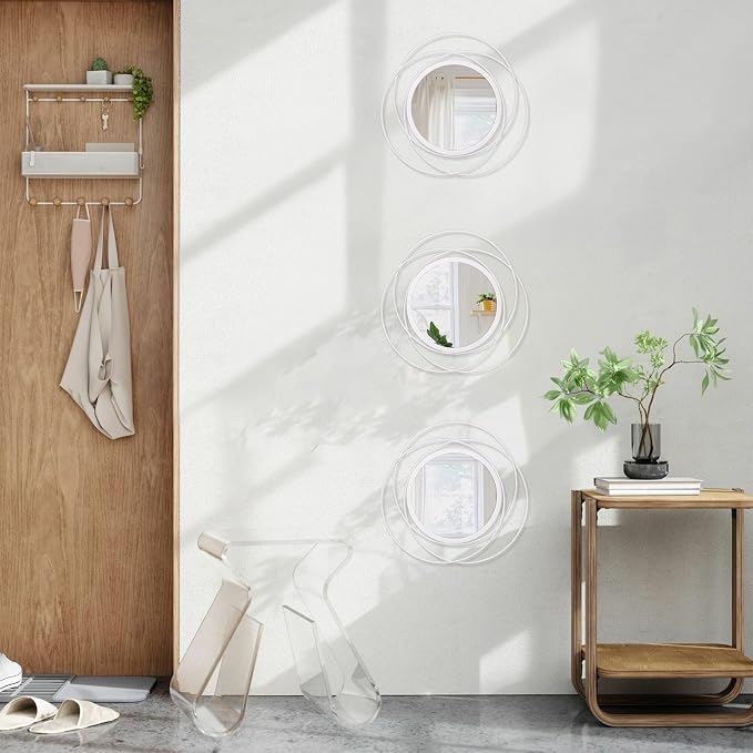 3 Set 12'' White Circle Mirrors Wall Decorative Wire Metal Mirror Art Small Round Mirror Home Decor Hanging Mirror for Room/Bedroom/Bathroom/Entryway