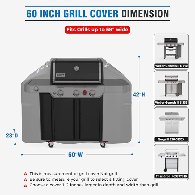 KINGLY Heavy Duty 60 Inch Grill Cover for Outdoor Grill,600D Waterproof Fade Resistant 60 Inch BBQ Gas Grill Cover for Weber Outdoor Grill with Strap,Barbecue Cover for Weber Char-Broil Nexgrill,etc