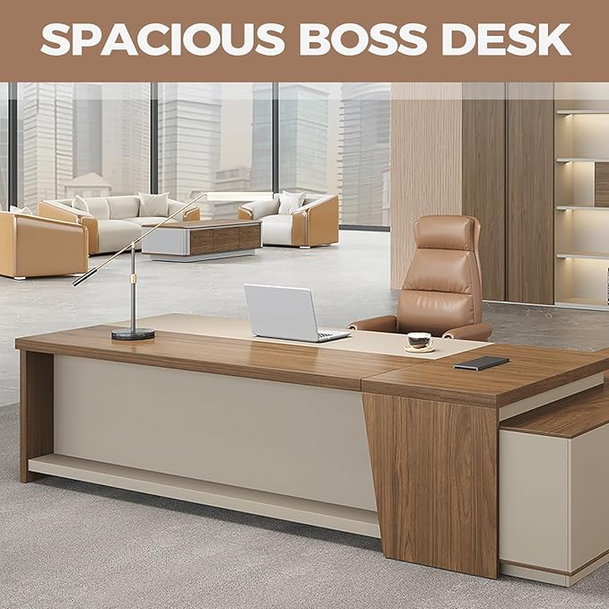 Modern L Shape Executive Desk with Drawers and Lockable Storage Cabinet, Large Executive Office Desk with Cable Management (Champagne Wood Grain+Beige/Left,79" L*63" W*30" H)