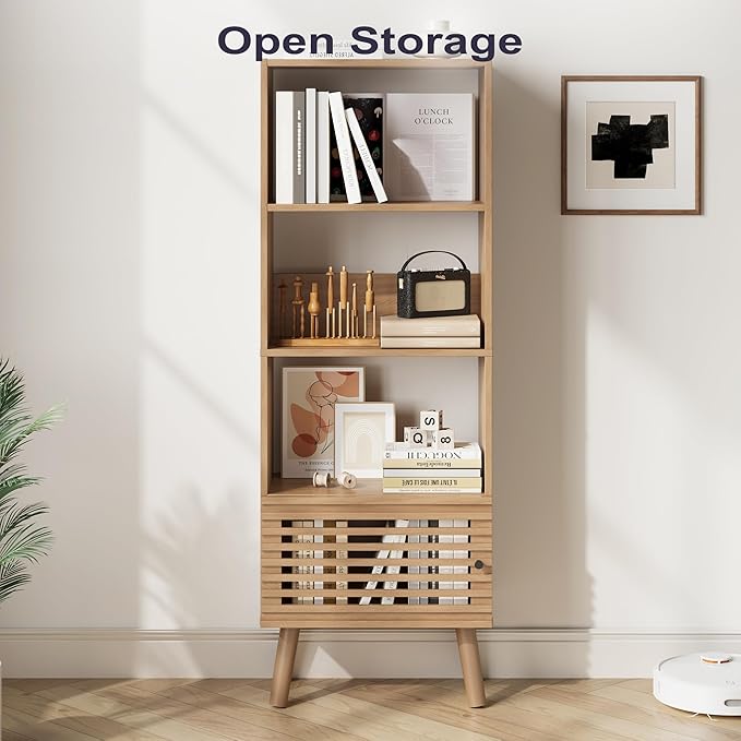 Small Narrow Corner Bookcase, 55" H Mid-Century Modern Bookshelf with Slatted Door, 4 Cube Bookcase with Open Shelf, Display Storage Cabinet for Living Room, Home Office, Oak