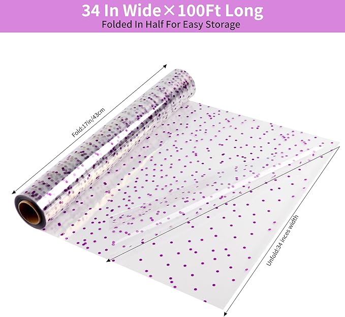 CMFYHM Clear Cellophane Wrap Roll with Violet Polka Dots | 34" x 100’ | 3 Mil Transparent Cellophane Roll,Cellophane Wrap for Lavender theme Baskets, Gifts, Treats,Crafts, Thanksgiving Day ,Halloween Wrapping