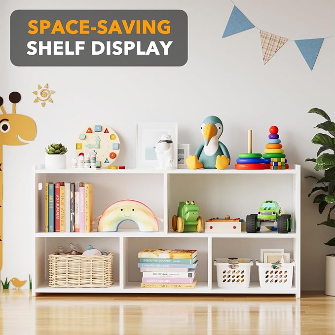 SpaceAid 5-Compartment Bookshelf, Montessori Bookcase for Toddlers, Wooden Book Shelf Organizer Storage Furniture for Kids Rooms, Playroom, Nursery and Classroom, 44.5“ Wide, White