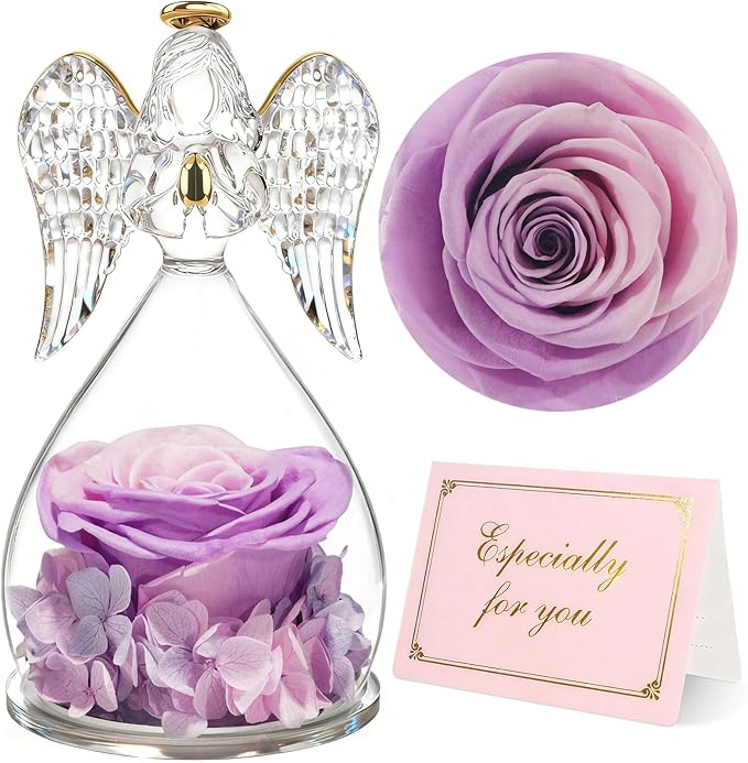 Yamonic for Mom, Moms Birthday Gifts for Women Grandma, Angel Figurines with Preserved Real Flowers Rose for Mothers Day, Wife Anniversary, Valentine's Day Gifts for Her(Pink+Purple)