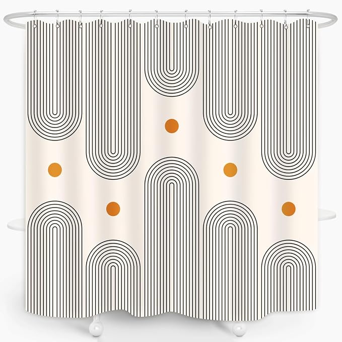 Mid Century Shower Curtain Boho Minimalist Abstract Arch Sun Simple Lines Geometric Modern Beige Bathroom Decor Waterproof Fabric 72Lx72W Inch with 12pcs Plastic Hooks