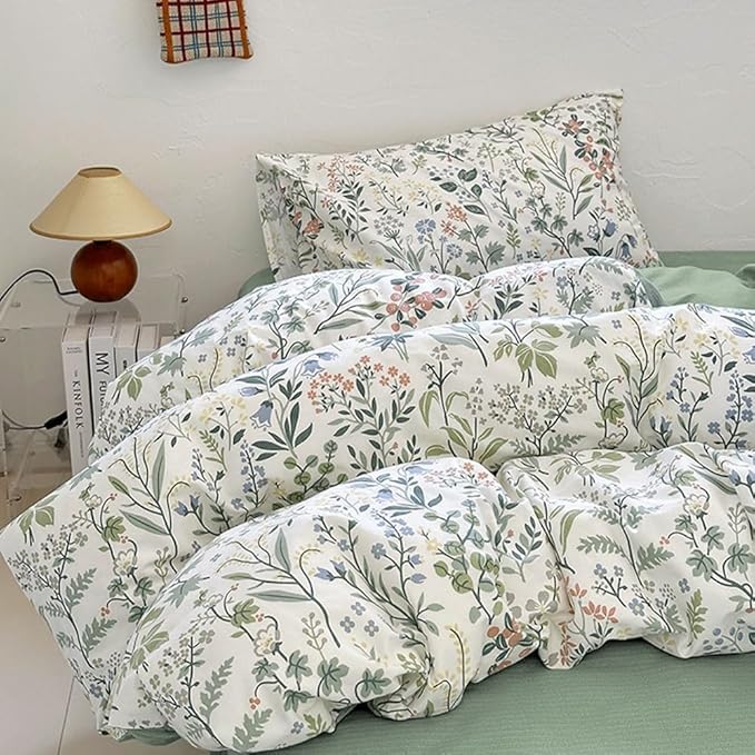 EAVD Vintage Style Garden Floral Duvet Cover Twin Girls Soft Cotton Chic Shabby Colorful Leaves Floral Bedding Set with 2 Pillowcases Fresh Botanical Duvet Cover with Zipper Closure
