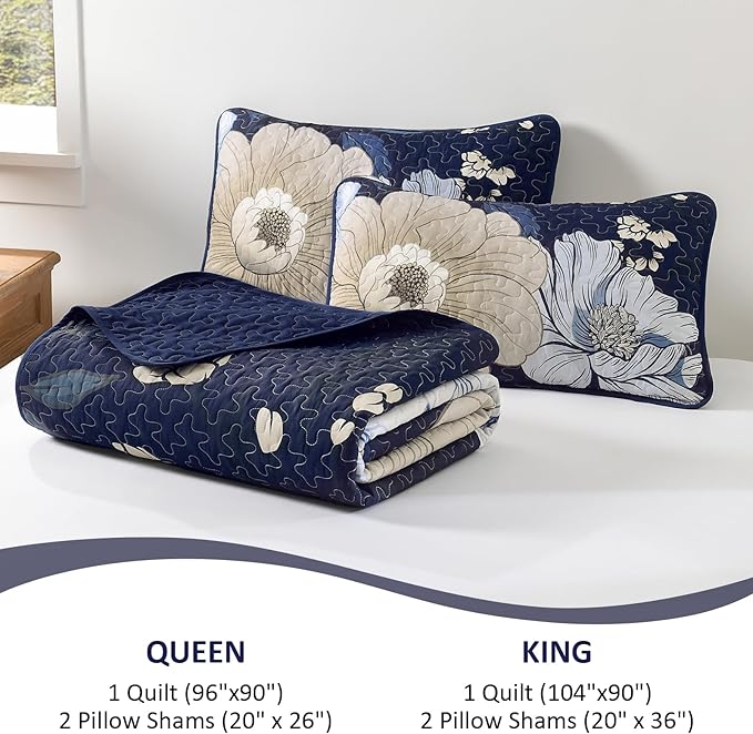 Dintszyayue Blue Quilt Set King, 3 Pieces Floral Bedspreads Lightweight Coverlet Set for All Seasons, Reversible Quilted Printed Bedding Set with 2 Pillow Shams