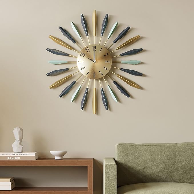 Cuspin Mid Century Modern Wall Clock, Large Colorful Starburst 28 Inch Wall Clock Battery Operated, Metal Decorative Sunburst Clocks for Living Room Kitchen Bedroom Office Decor