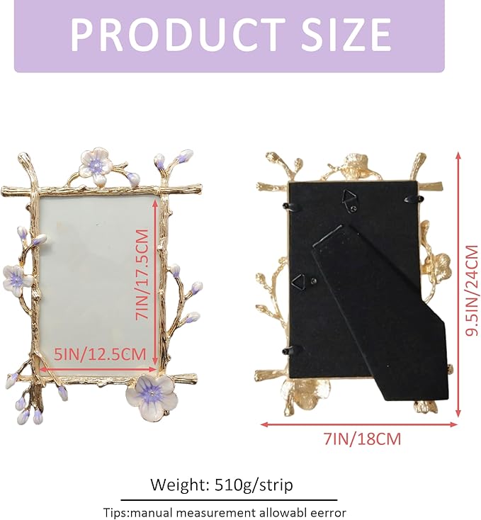 Vintage Purple Picture Frame with Enamel Finis Glass Front - Ornate Antique Metal Flowers 5X7 Photo Frame Tabletop/Wall Display Gifts for Women