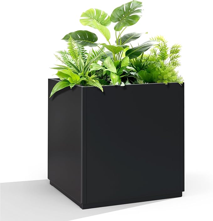Metal Planter Box Rectangular Planter Box with Drainage Hole, Outdoor Large Planters, All-Weather Use, Rust-Resistance, for Flowers Plants, 17" L × 17" W × 18" H, Black
