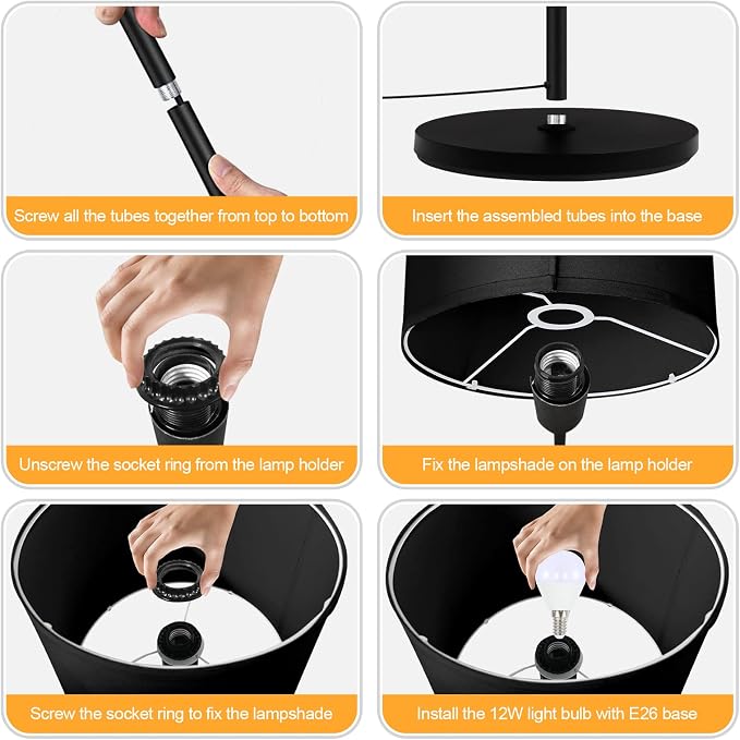AUQUEE Floor Lamps for Living Room, Modern Standing Lamp, Black Lamp Shades, Foot Switch, Simple Pole Lamps Corner Lamp for Bedroom,Office, Living Room, Den, Bright Reading Floor Lamp(Without Bulb)