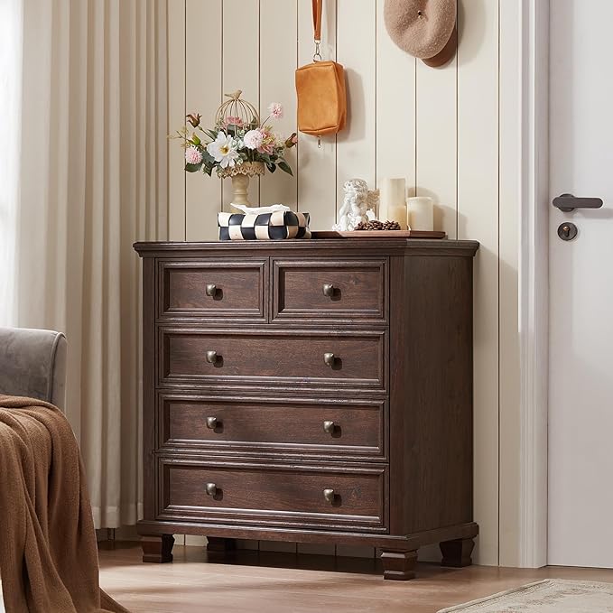 Farmhouse 5 Drawer Dresser for Bedroom, 32.6 Inch Tall Vintage Chest of Drawers, Mid-Century Small Dressers w/Square Solid Wood Legs, Rustic Storage Organizer for Living Room, Walnut