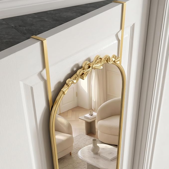 Besdomus Door Mirror Full Length: 14"x50" Gold Vintage Bow Over The Door Hanging Mirror - Antique Baroque Traditional Ornate Full Body for Girls Bedroom/Cloakroom/Living Room - Ideal for Teen Girl