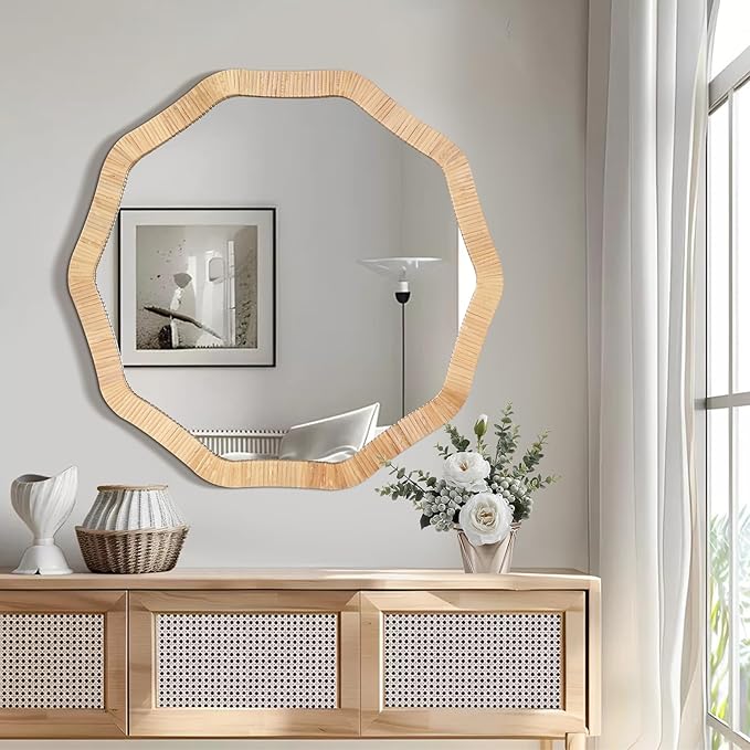 ULIKE Rattan Wicker Mirror for Bathroom, 24 Inch Boho Woven Decorative for Wall, Rustic Farmhouse Vanity Mirror, Geometric Rattan Mirrors for Living Room Entryway Bathroom Bedroom