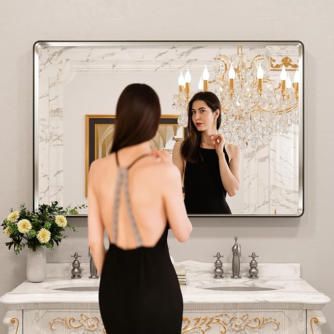 LOAAO 50X30 Inch Brushed Nickel Bathroom Mirror, Rounded Rectangle Silver Metal Frame Mirror, Brushed Nickel, Anti-Rust, Shatter Proof, Hangs Horizontally or Vertically