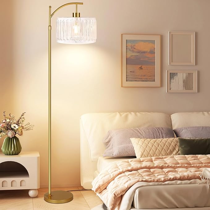 QIYIZM Glass Floor Lamp for Living Room,Bedroom,Gold Dimmable Standing Lamp with Remote,Brass White Tall Lamp Boho Mid Century Modern Floor Lamps Arc Floor Light Lamp Girls Kids Bohemian