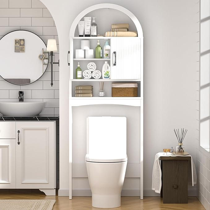 Spurgehom Over The Toilet Storage Cabinet, Bathroom Shelf Organizer Freestanding, Bathroom Arch Cabinet Over Toilet with Toilet Paper Holder and Anti-Tipping Device (Narrow Style-White)