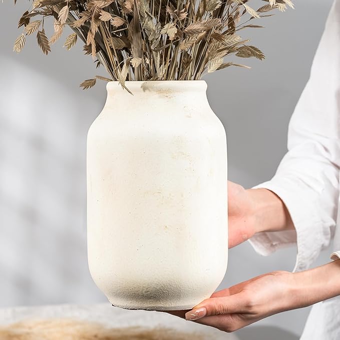 Rustic Ceramic Farmhouse Flower Large Vase, Whitewashed Terra Cotta Vase, Pottery Decorative Flower for Home Decor, Table, Living Room Decoration, Shelf Decor, Mantel, 9.5 Inch, White