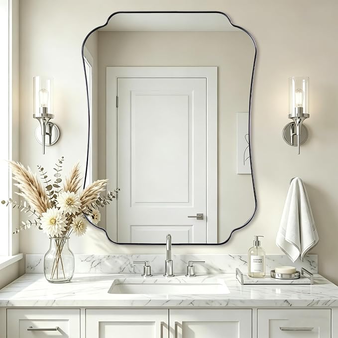 ANDY STAR 36x48 Chrome Bathroom Mirror, Large Decorative Scalloped Shape Wall Mirror with Stainless Steel Frame, Modern Wave-Edge Design for Vanity, Hallway, Lounge Decor