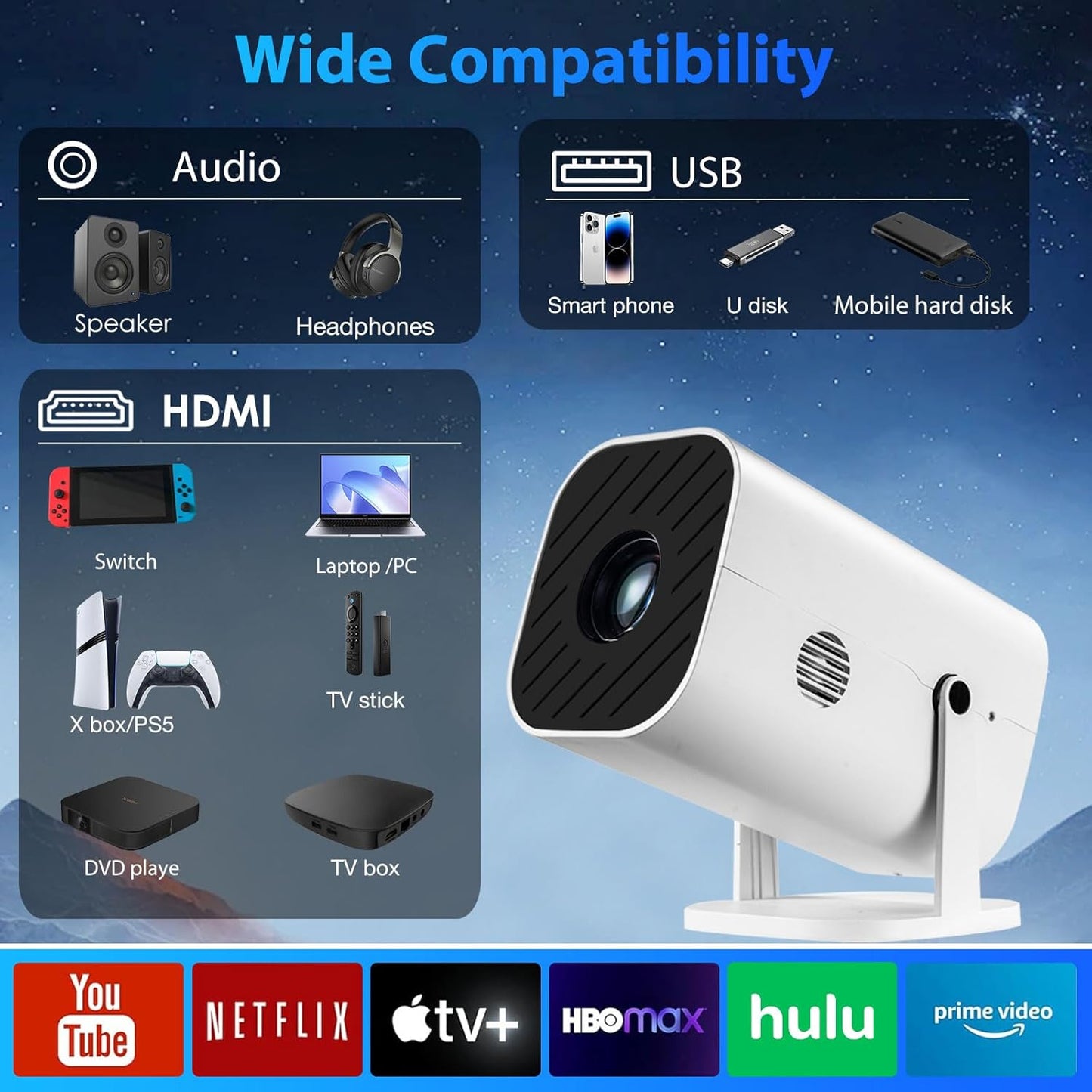 Skiennix Mini Projector - 1080P Bluetooth 5.3 Home Video Projector | Supports 4K, 210° Rotatable