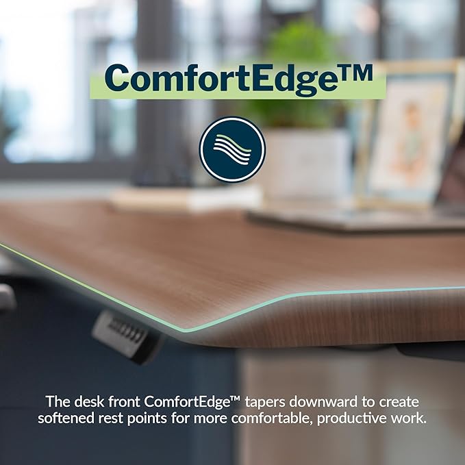 Vari ComfortEdge Electric Height Adjustable Standing Desk - 40x26 Varidesk Sit-Stand Desk for Home Office, Sloped Ergonomic Front Edge, Stable Legs, Easy Assembly, 2 Boxes - Walnut Top/White Legs