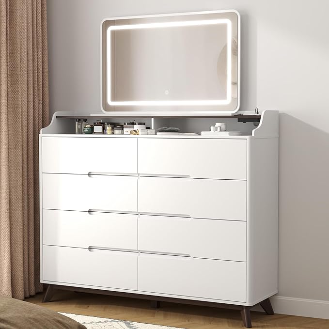 Dresser for Bedroom with 8 Drawers, 55" Large Dresser & Chest of Drawers with Charging Station, Wood Closet Clothes Storage Tall Dressers Organizer for Bedroom Living Room Hallway, White