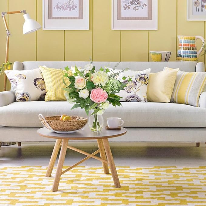 Briful Artificial Floral Arrangement with Faux Water – 19.7” Tall Mixed Peony, Rose, Dahlia & Eucalyptus Fake Flowers in Vase – Faux Flower in Glass Vase for Home Table Centerpiece Decoration